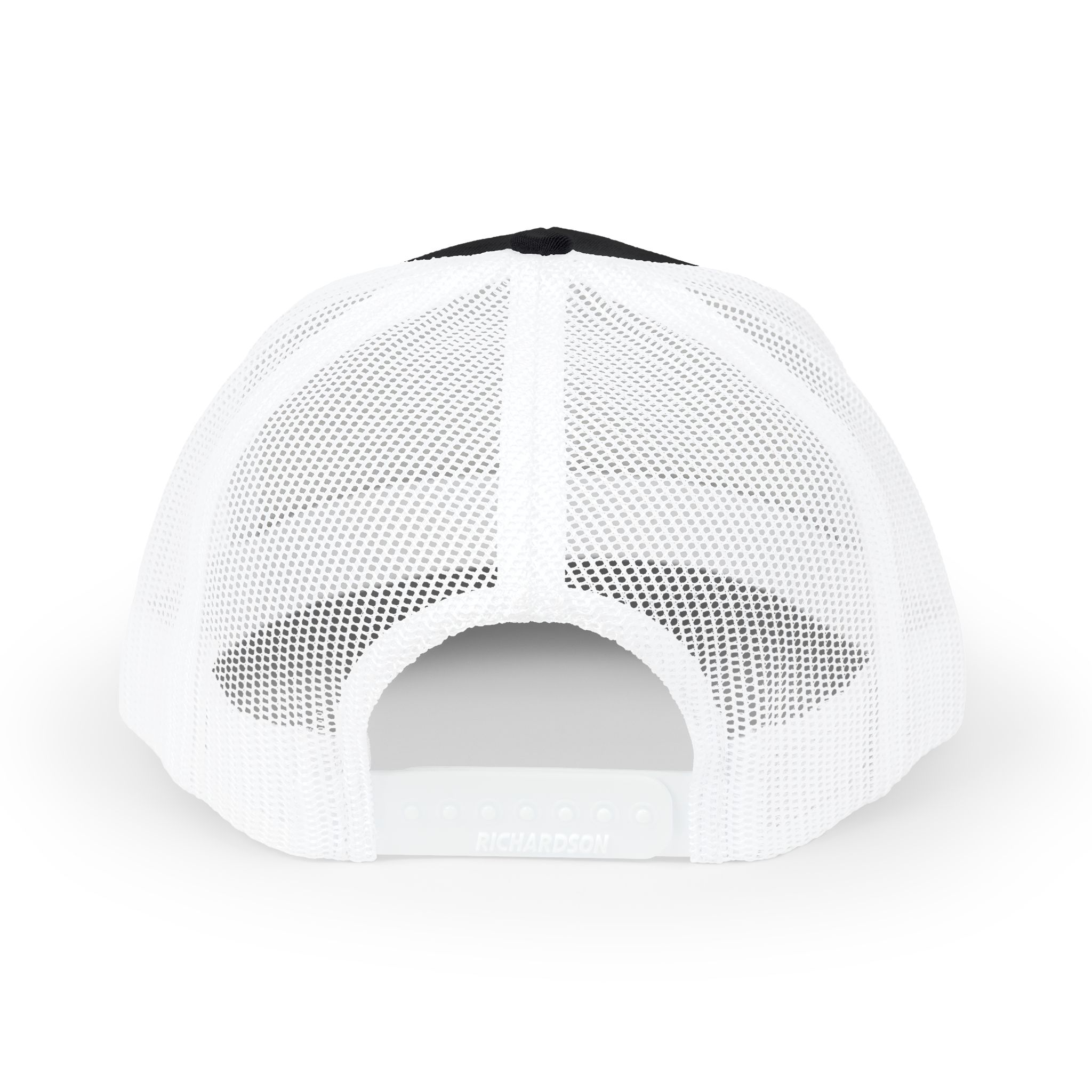 The Embroidered Trucker Snapback Cap — Classic Mesh Baseball Hat is shown from the back, highlighting its white mesh design, black top section, and adjustable snapback closure.