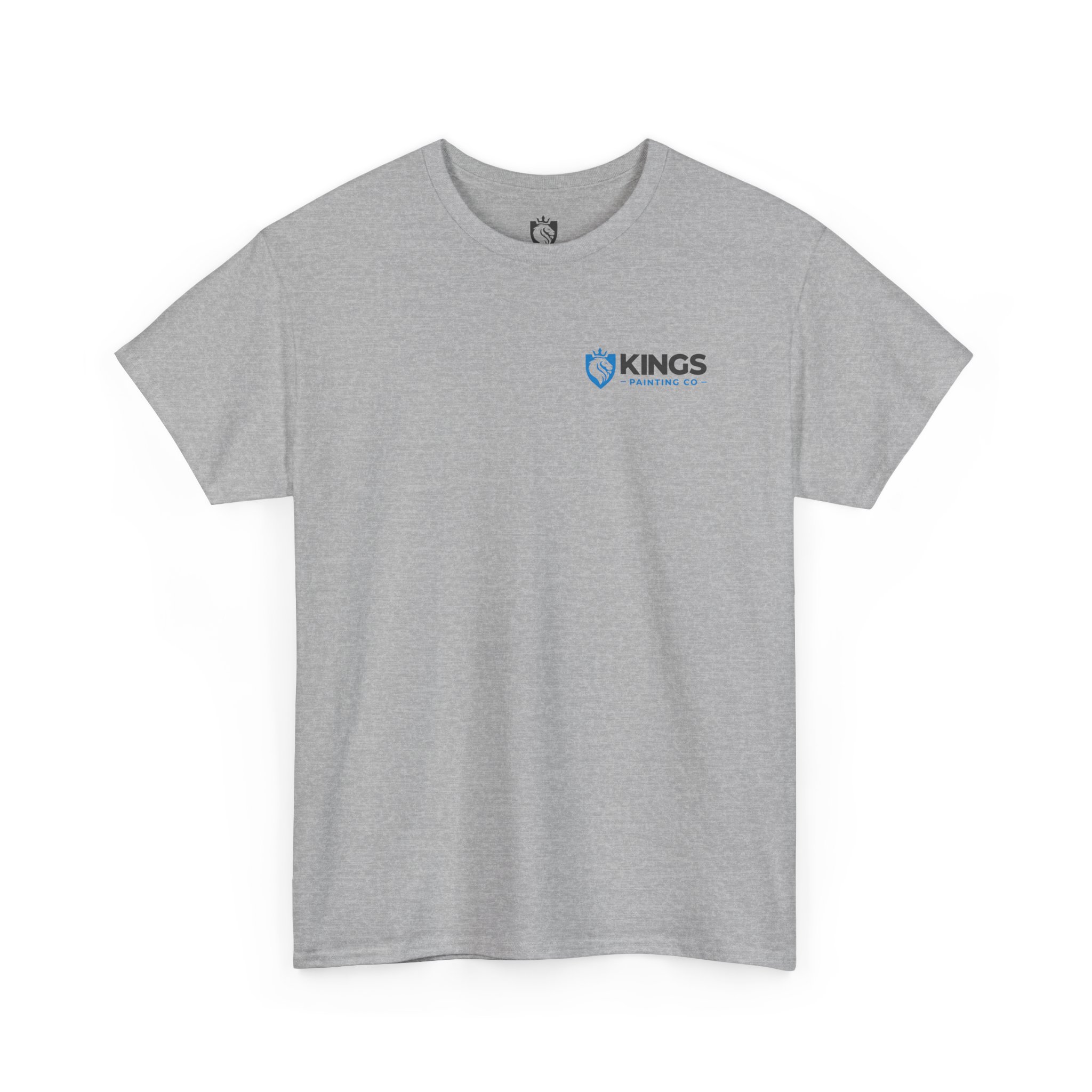 A light gray Gildan Ultra Cotton (G5000) t-shirt featuring a small blue and black Kings Painting Co. logo with a shield emblem on the upper left chest. The Kings Painting Co. Logo T‑Shirt (Pocket Logo & Back Graphic) is shown laid flat on a white background.