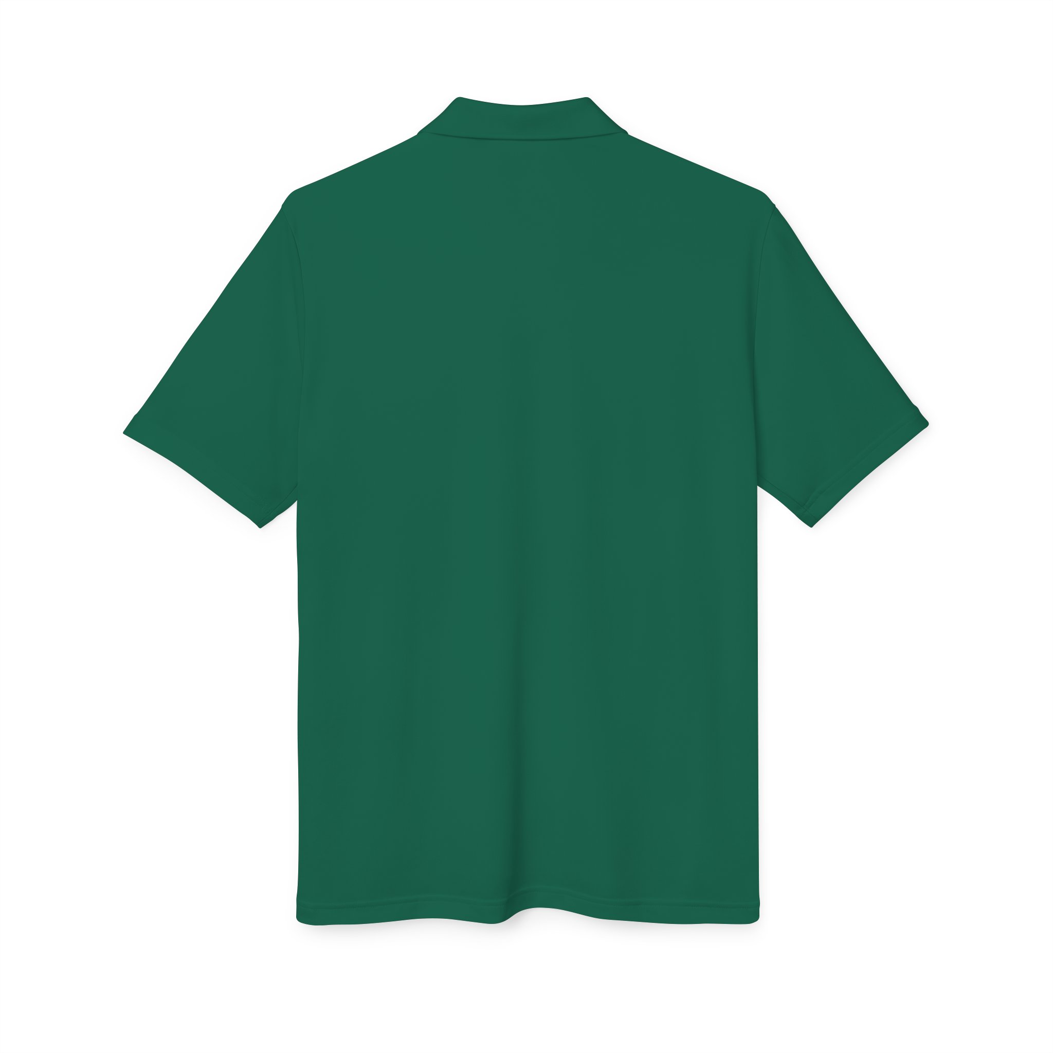 A Kings Painting Co. Performance Polo by Under Armour®, featuring a plain green design with short sleeves and the white logo, is shown from the back on a white background.