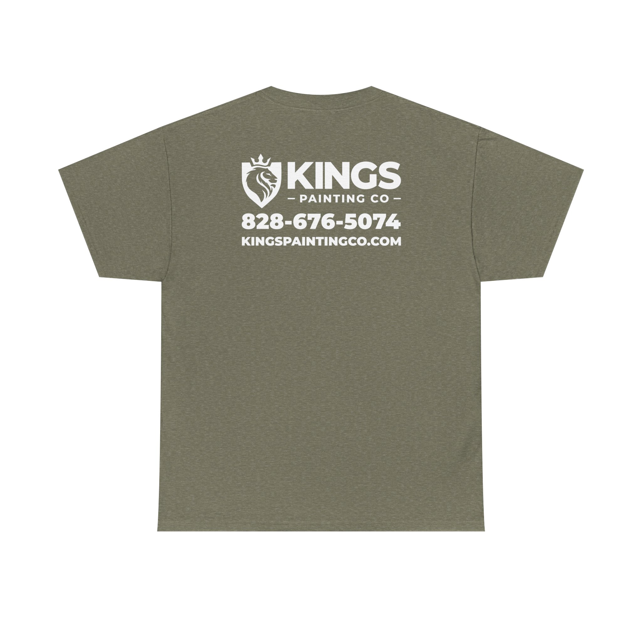 Heather olive Kings Painting Co. Logo T‑Shirt (Gildan Ultra Cotton G5000) featuring the company logo, phone number (828-676-5074), and website (kingspaintingco.com) printed in white on the back.