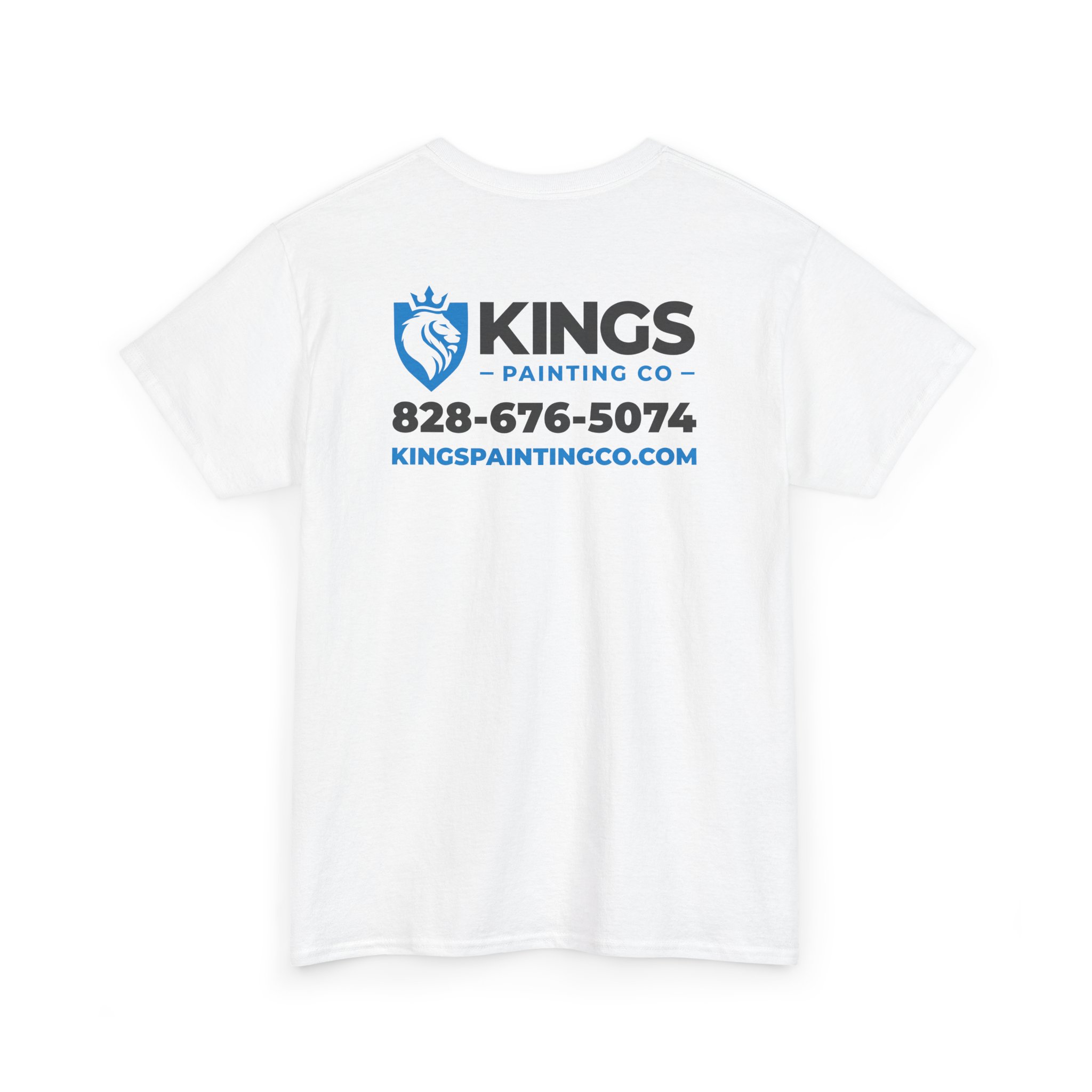 Kings Painting Co. Logo T‑Shirt (Pocket Logo & Back Graphic) | Gildan Ultra Cotton (G5000): White T-shirt featuring the KINGS PAINTING CO logo on the front pocket and a blue and black printed lion graphic, phone number 828-676-5074, and website KINGSPAINTINGCO.COM on the back.