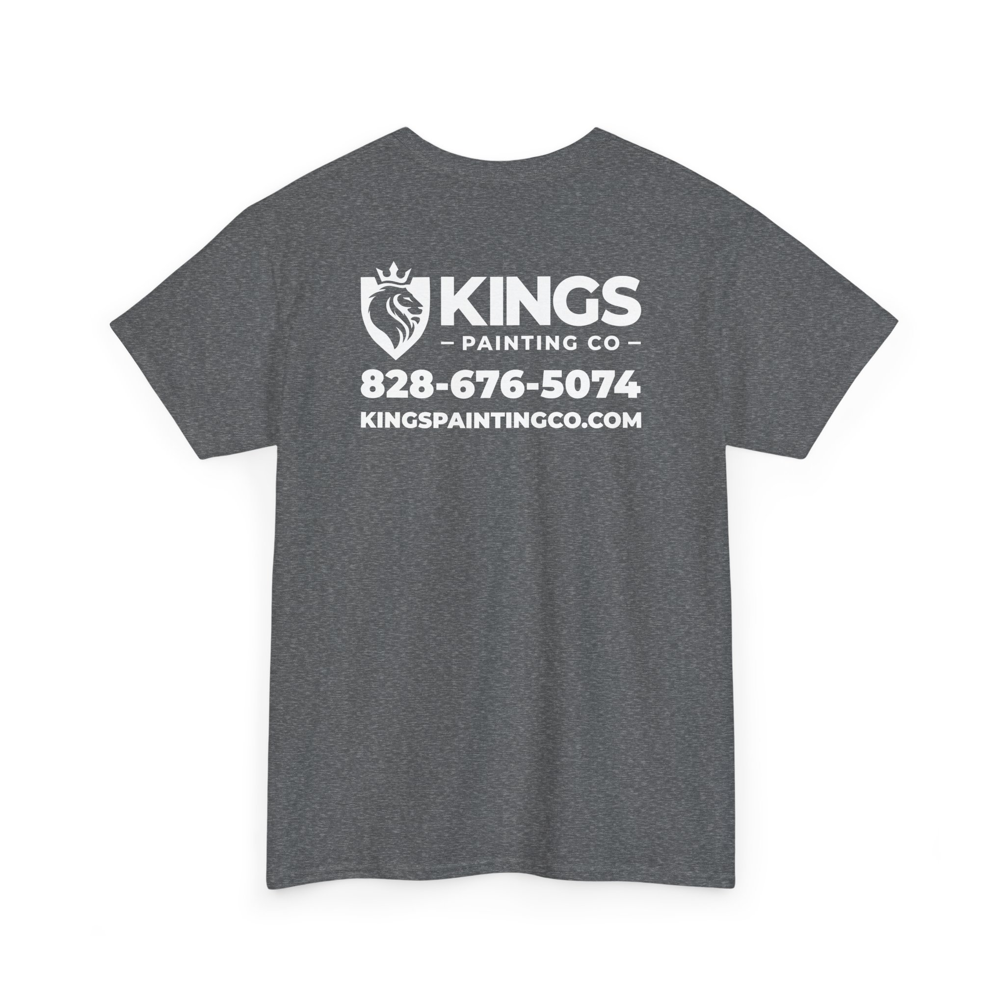 Kings Painting Co. Logo T-Shirt (Heather) | Gildan Ultra Cotton (G5000) featuring a gray design with "KINGS PAINTING CO," a lion logo, phone number 828-676-5074, and website kingspaintingco.com printed in white on the back.