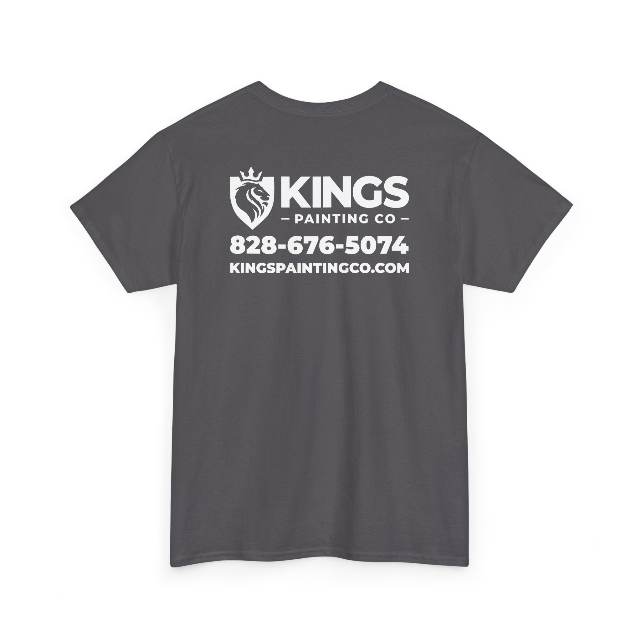 Kings Painting Co. Logo T‑Shirt (Classic) | Gildan Ultra Cotton (G5000) in dark gray featuring "KINGS PAINTING CO," a lion logo, phone number 828-676-5074, and website KINGSPAINTINGCO.COM printed in white on the back.
