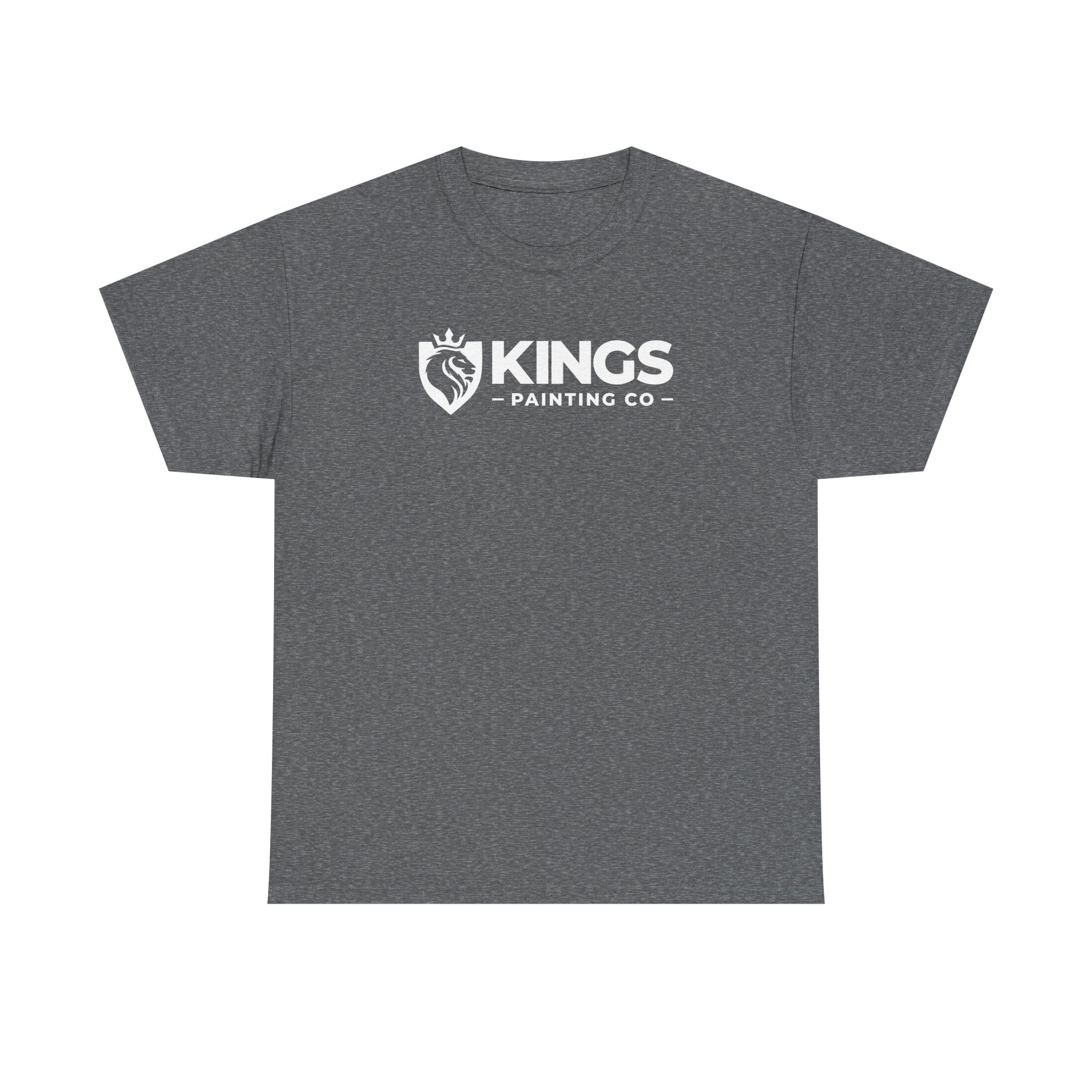 A heather gray Gildan Ultra Cotton t-shirt featuring "KINGS PAINTING CO" and a white crowned lion shield logo printed on the chest.