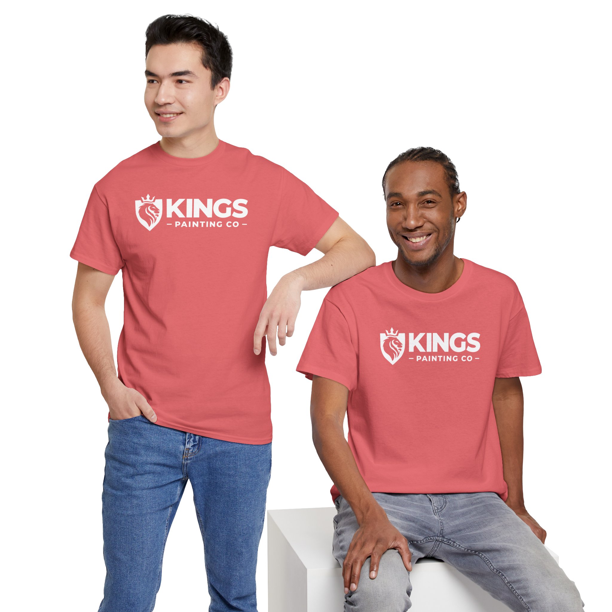 Two men pose for the camera in matching Kings Painting Co. Logo T‑Shirts (Classic) | Gildan Ultra Cotton (G5000), both sporting casual jeans—one standing with a hand in his pocket, the other seated on a white block.