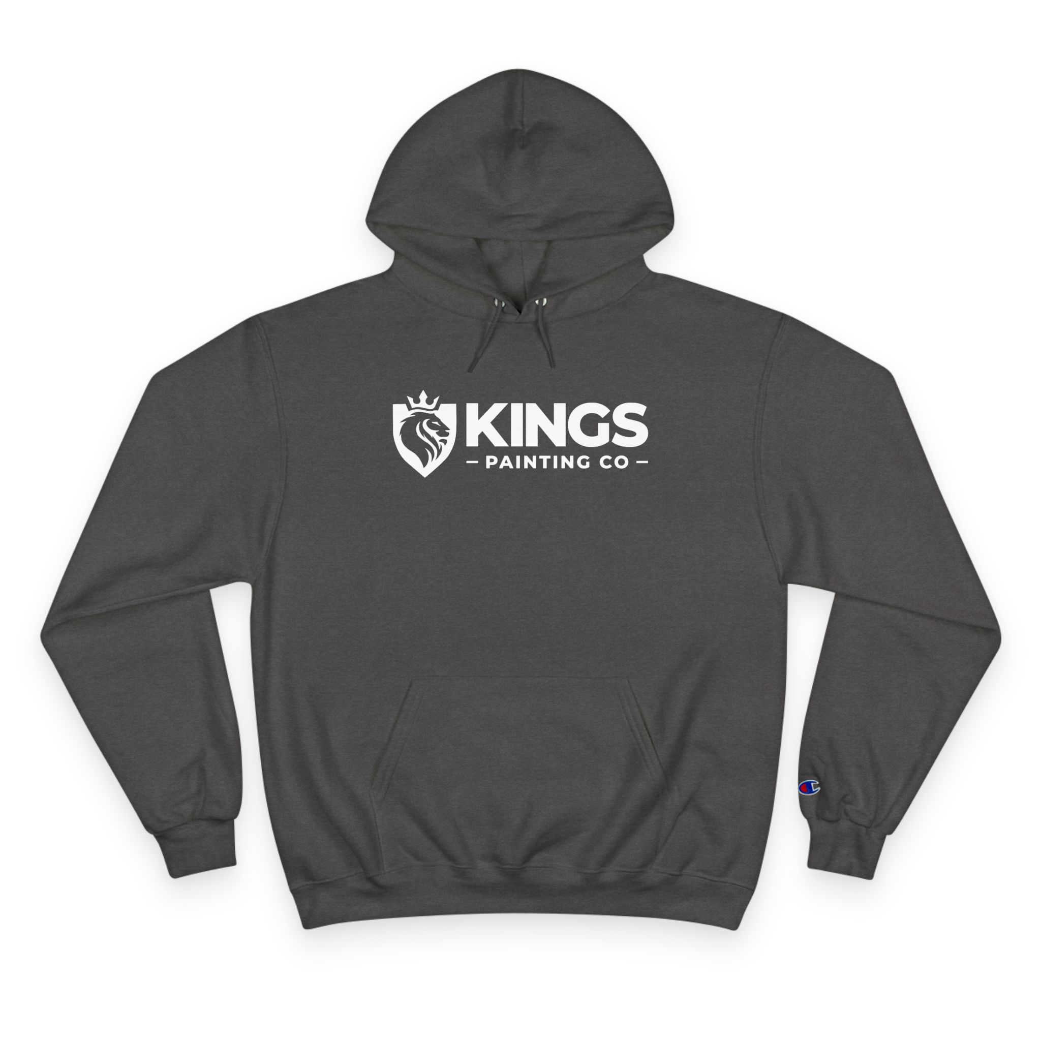 Kings Painting Co. Logo Hoodie by Champion® in dark gray, featuring KINGS PAINTING CO and a white lion crest logo printed on the front. Includes a front pocket and drawstring hood.