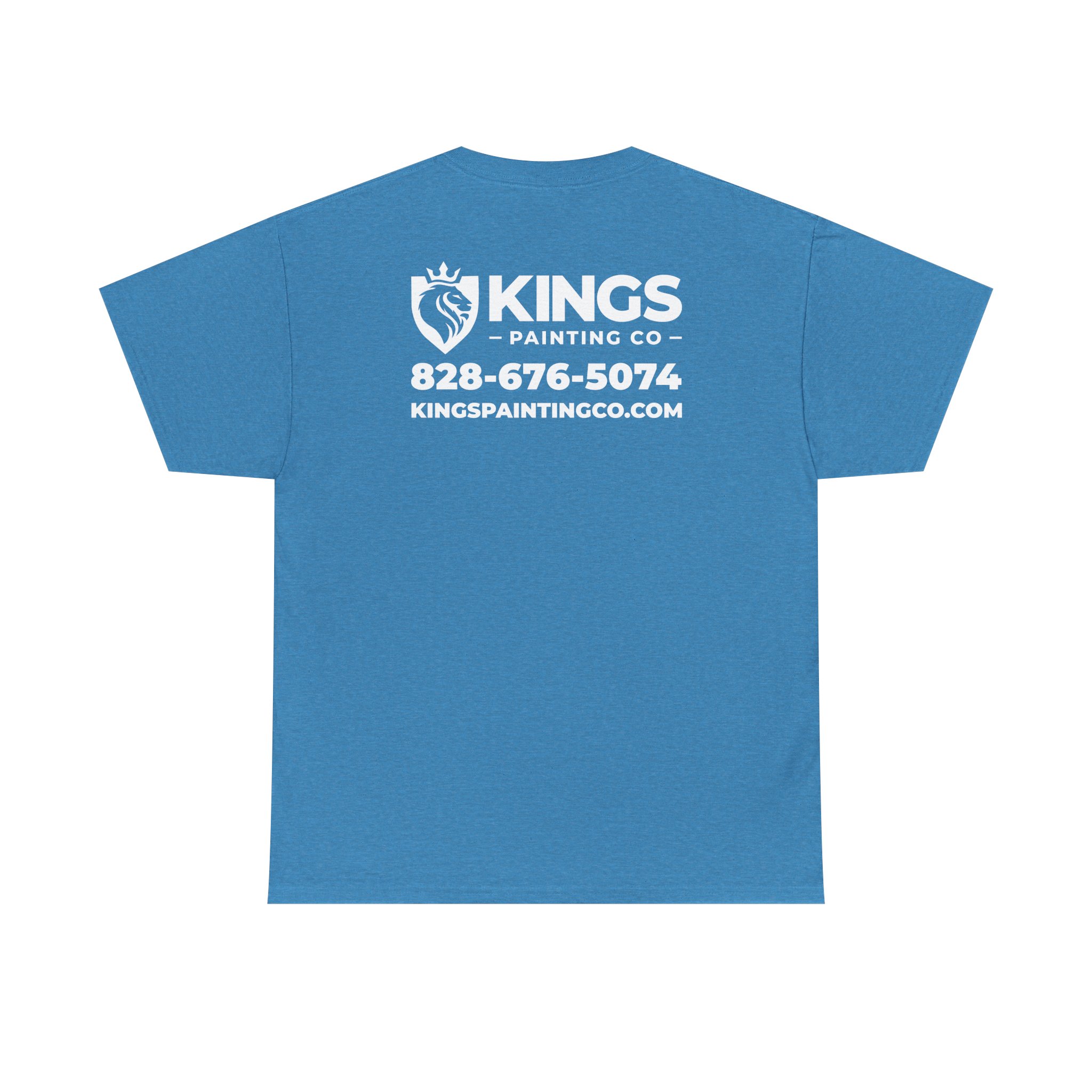 Kings Painting Co. Logo T‑Shirt (Heather) | Gildan Ultra Cotton (G5000) features a blue design with the Kings Painting Co. logo, a lion graphic, phone number 828-676-5074, and website kingspaintingco.com printed in white text on the back.