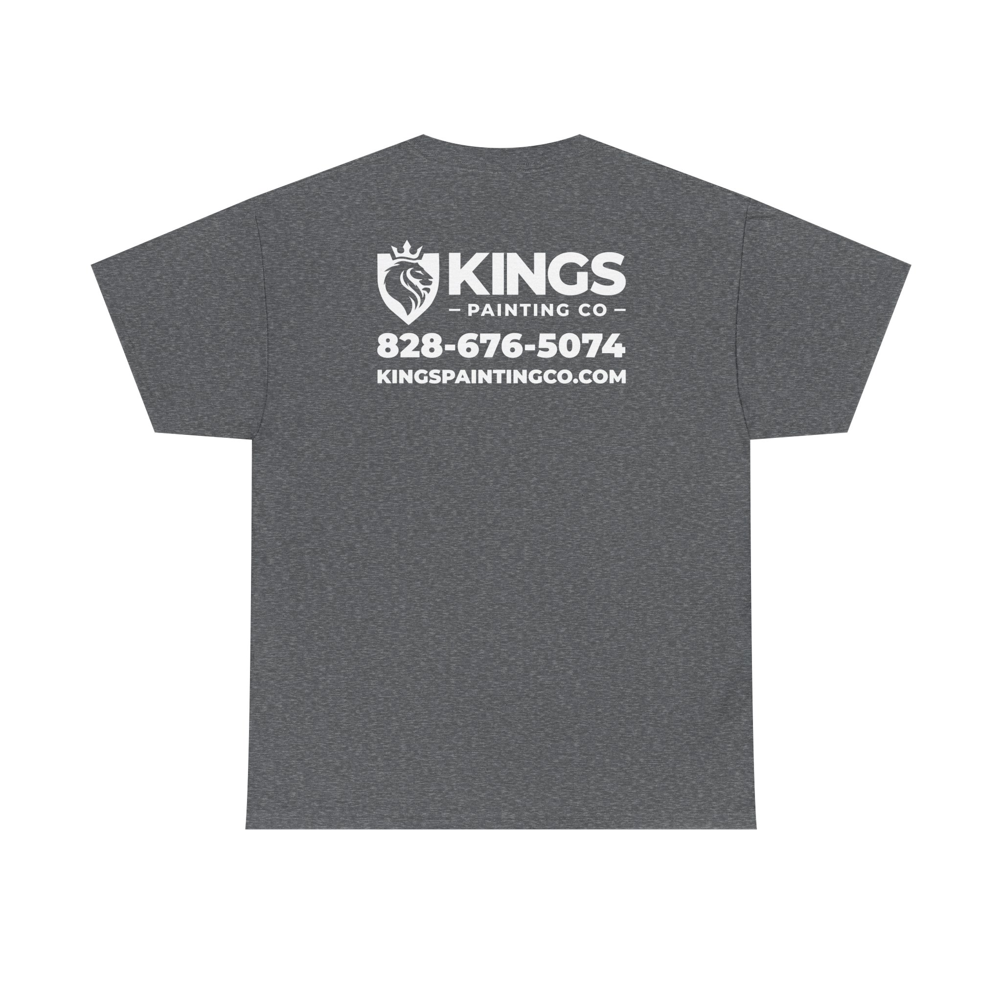 Wearing the Kings Painting Co. Logo T‑Shirt (Heather) | Gildan Ultra Cotton (G5000), you'll see a white KINGS PAINTING CO name and lion logo on the back, along with the phone number 828-676-5074 and website KINGSPAINTINGCO.COM printed underneath.