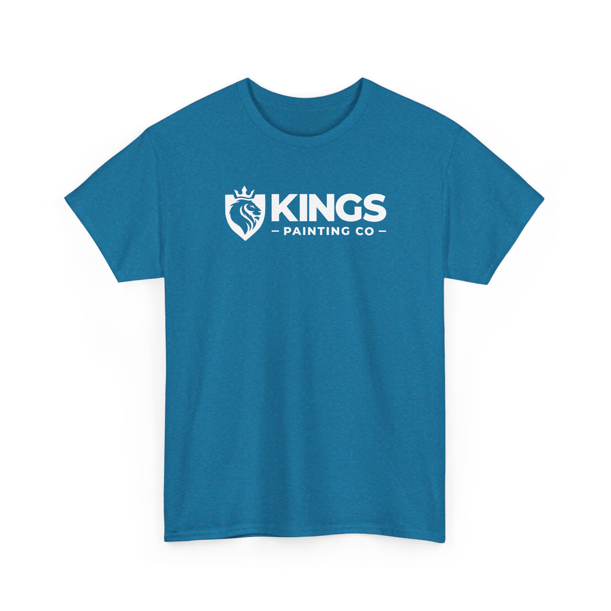 Kings Painting Co. Logo T‑Shirt (Heather) | Gildan Ultra Cotton (G5000) in blue, featuring a white crowned lion’s head inside a shield above the left chest and “Kings Painting Co.” text.