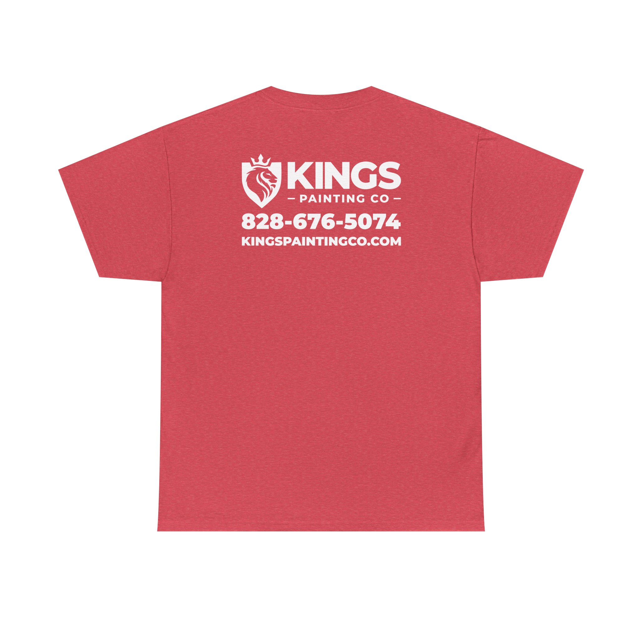 Heather red "Kings Painting Co. Logo T‑Shirt" (Gildan Ultra Cotton, G5000) featuring the KINGS PAINTING CO name, lion logo, phone number 828-676-5074, and website kingspaintingco.com printed in white text on the back.