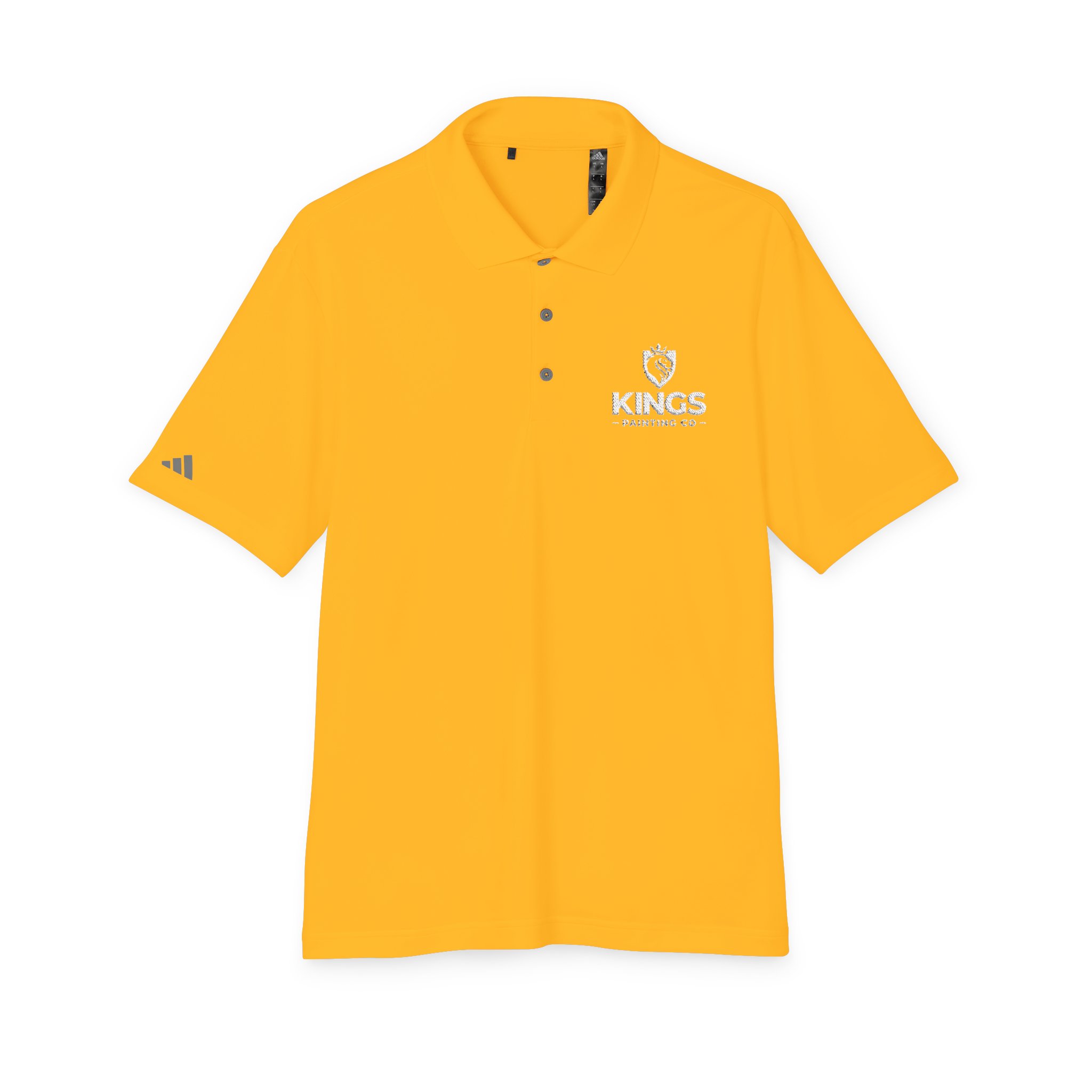 Kings Painting Co. Performance Polo by Under Armour® featuring a bright yellow color, short sleeves, and a classic collar with three buttons. The left chest displays the KINGS name and crown logo, while a small white Under Armour® logo appears on the left sleeve.