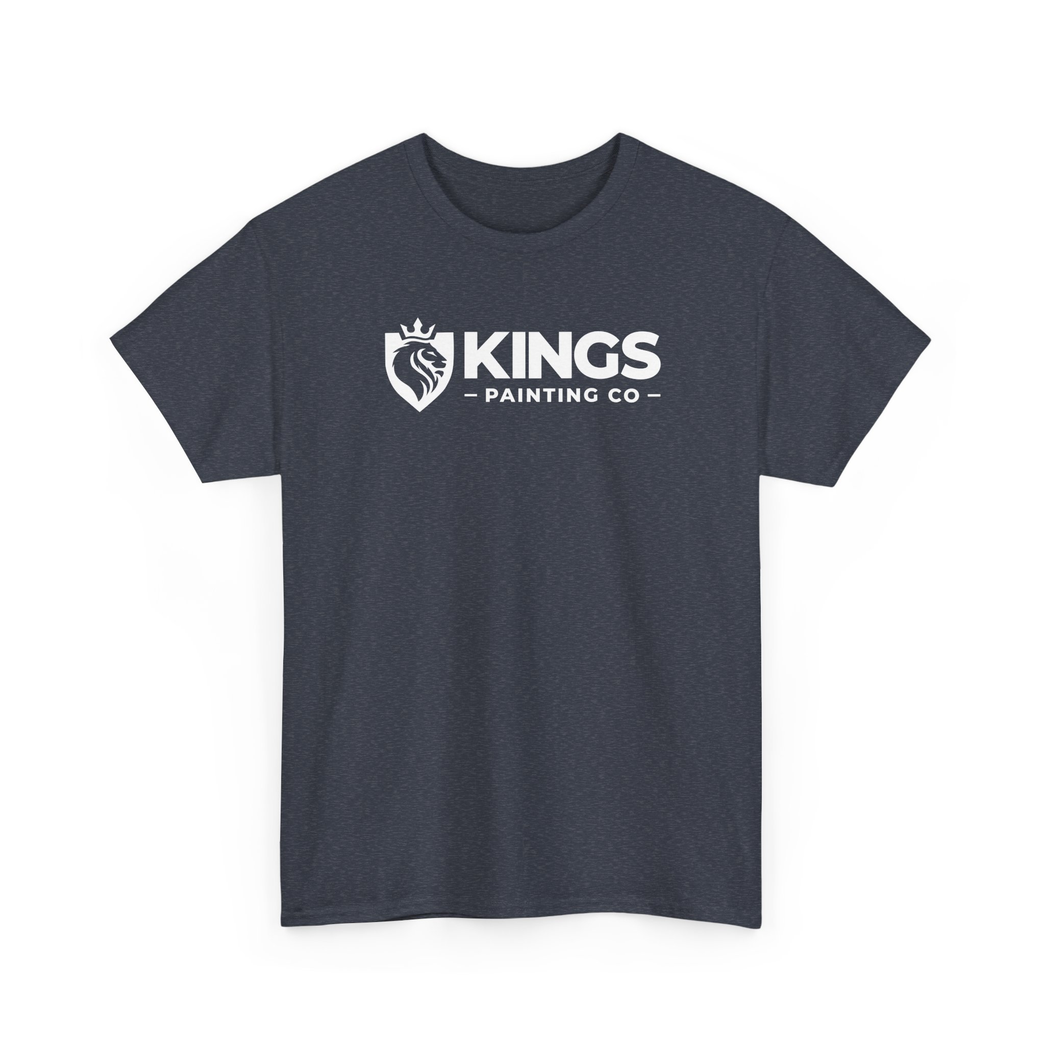 Kings Painting Co. Logo T‑Shirt (Heather) | Gildan Ultra Cotton (G5000): Heather dark gray t-shirt featuring a white crowned lion’s head inside a shield, alongside bold, uppercase “KINGS PAINTING CO” text.