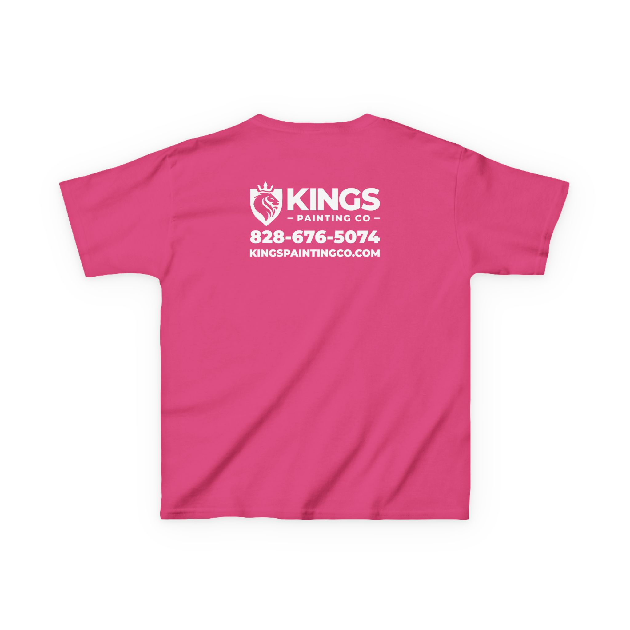 Kings Painting Co. Kids T-Shirt (White Graphics) | Gildan® — Bright pink kids' T-shirt featuring the Kings Painting Co. name, phone number, and website printed in white on the back, plus a crown and paintbrush logo above the company name.