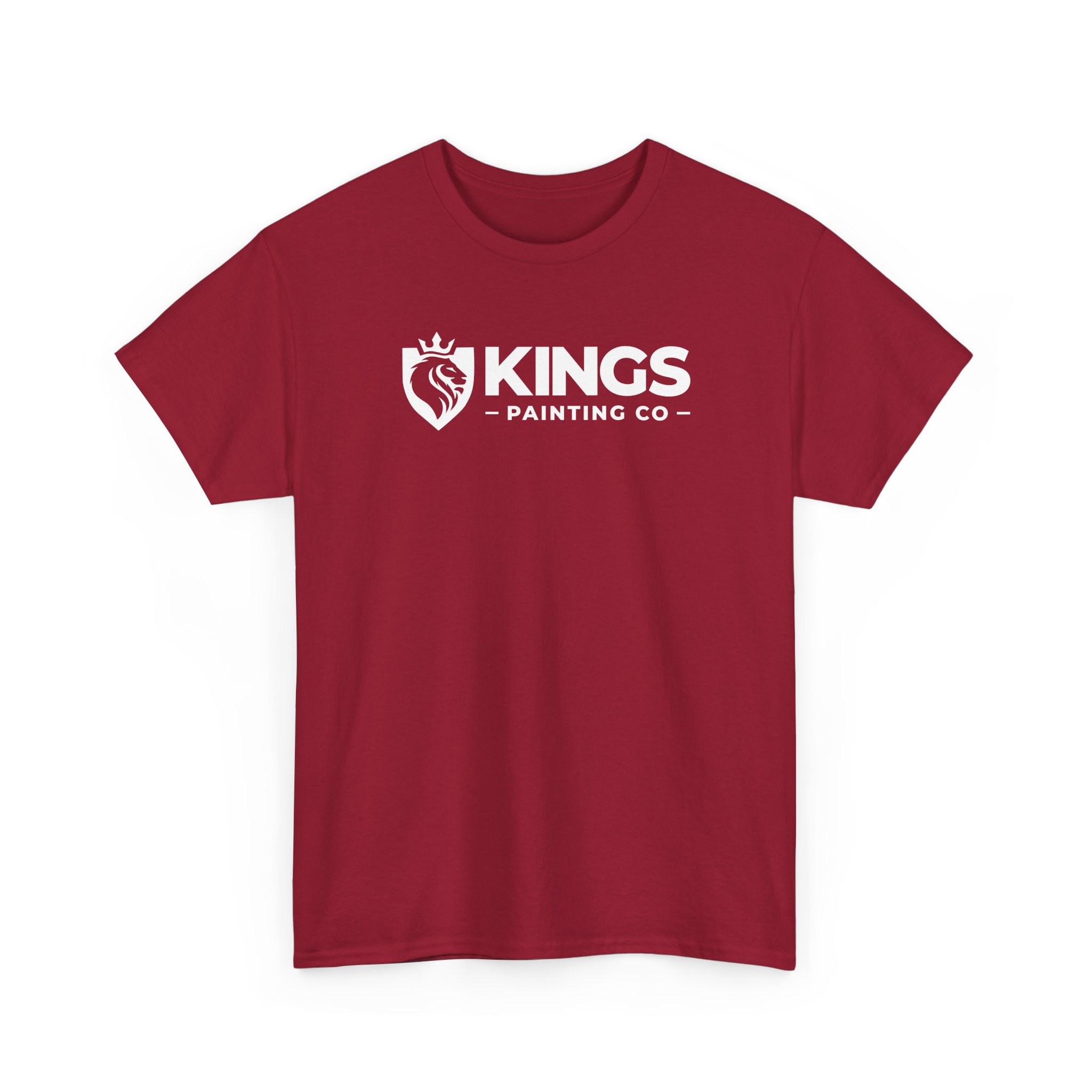 A Kings Painting Co. Logo T‑Shirt (Classic) made from Gildan Ultra Cotton (G5000), featuring a red design with a white lion head inside a shield, topped by a crown, and bold KINGS PAINTING CO text beside the logo.