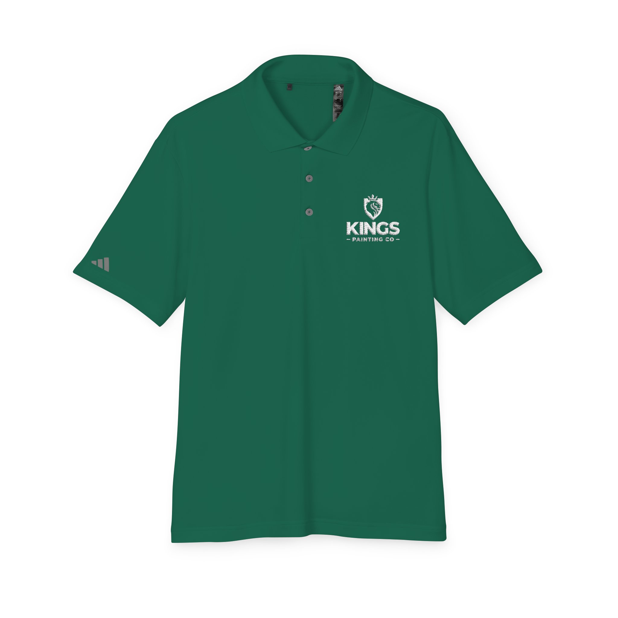 Kings Painting Co. Performance Polo by Under Armour® featuring a white KINGS PAINTING CO. logo on the left chest and a small gray logo on the left sleeve, shown on a green short-sleeve shirt against a white background.