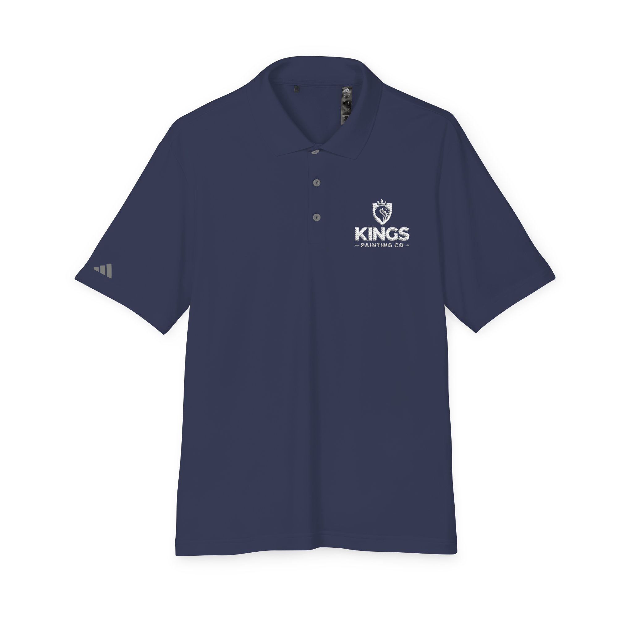 Navy blue Kings Painting Co. Performance Polo by Under Armour®, featuring a white KINGS PAINTING CO. logo on the left chest, a small gray emblem on the left sleeve, short sleeves, and a three-button collar.