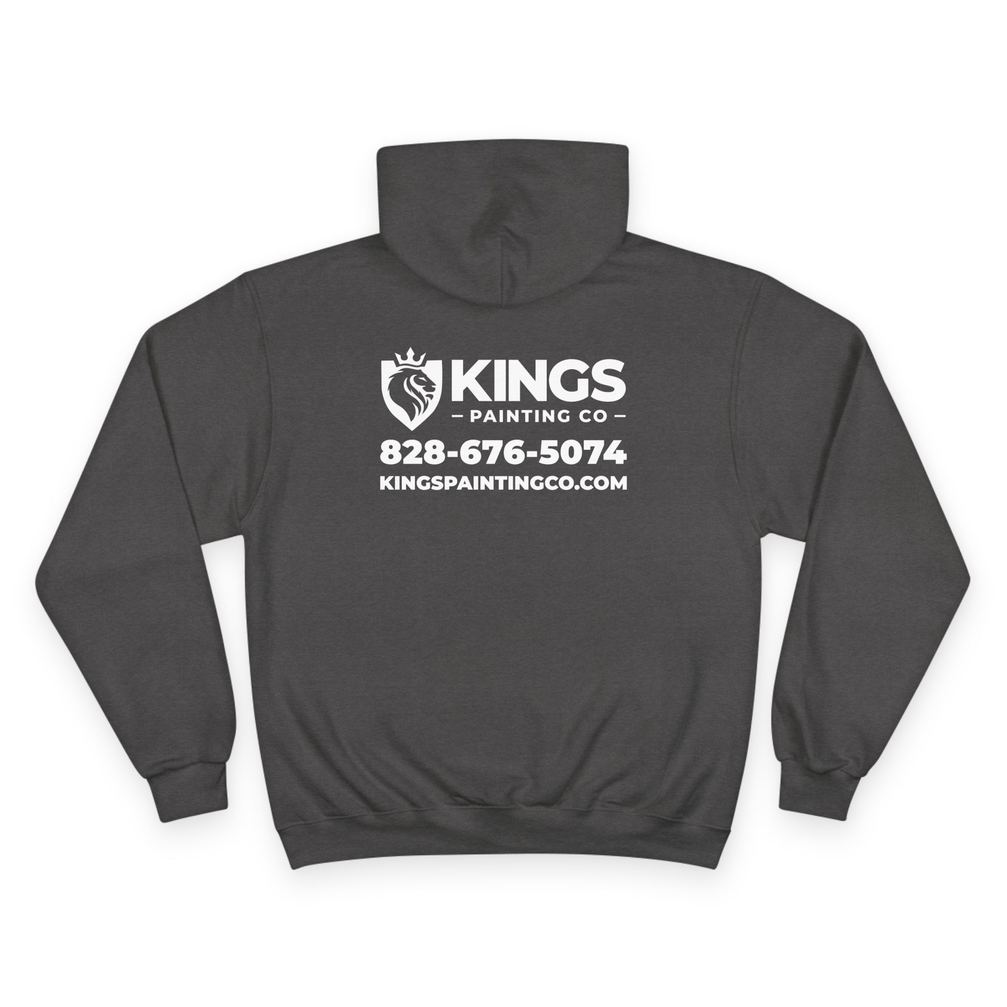 A Champion® Kings Painting Co. Logo Hoodie featuring a dark color and bold white print on the back with "KINGS PAINTING CO," a lion logo, the phone number 828-676-5074, and the website KINGSPAINTINGCO.COM.