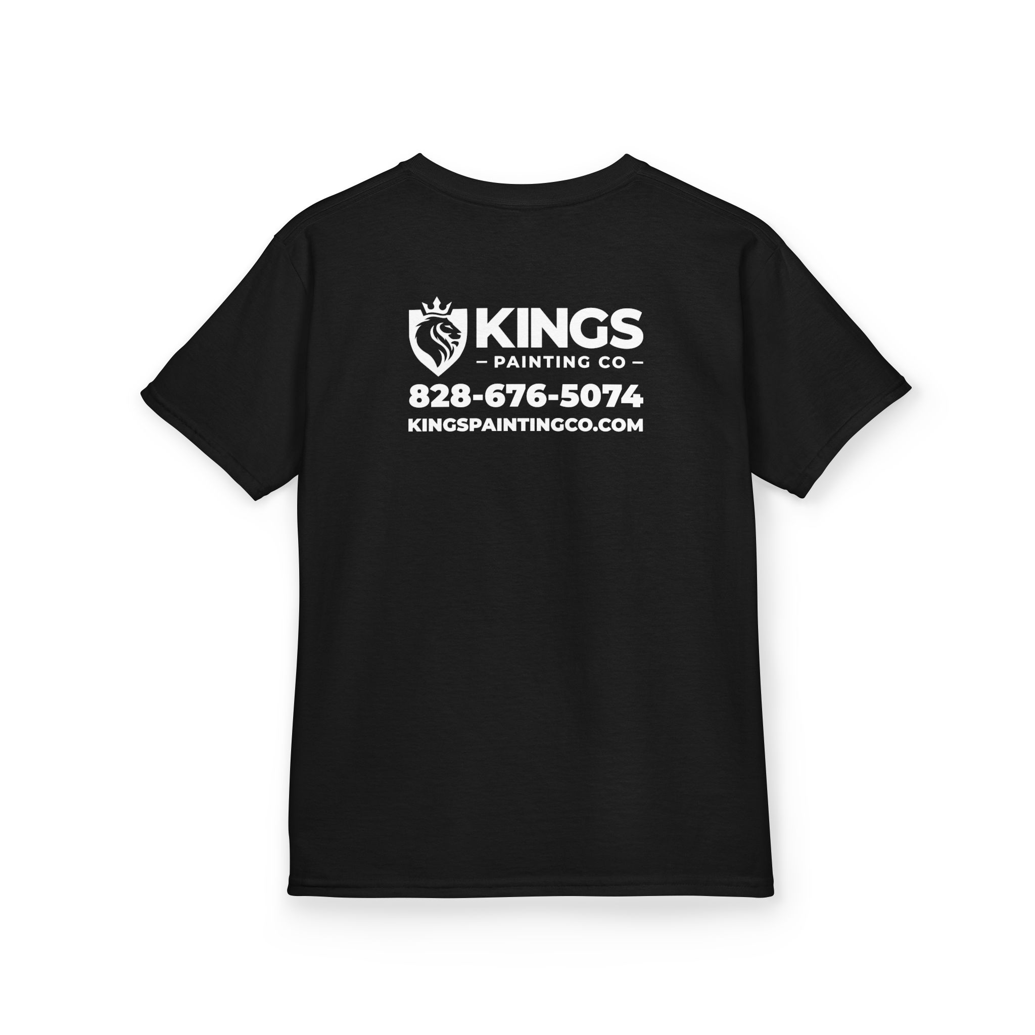 Kings Painting Co. Kids T-Shirt (White Graphics) | Gildan® features a black T-shirt with the Kings Painting Co. name, a crown and paintbrush logo, phone number 828-676-5074, and website kingspaintingco.com printed in white on the back.
