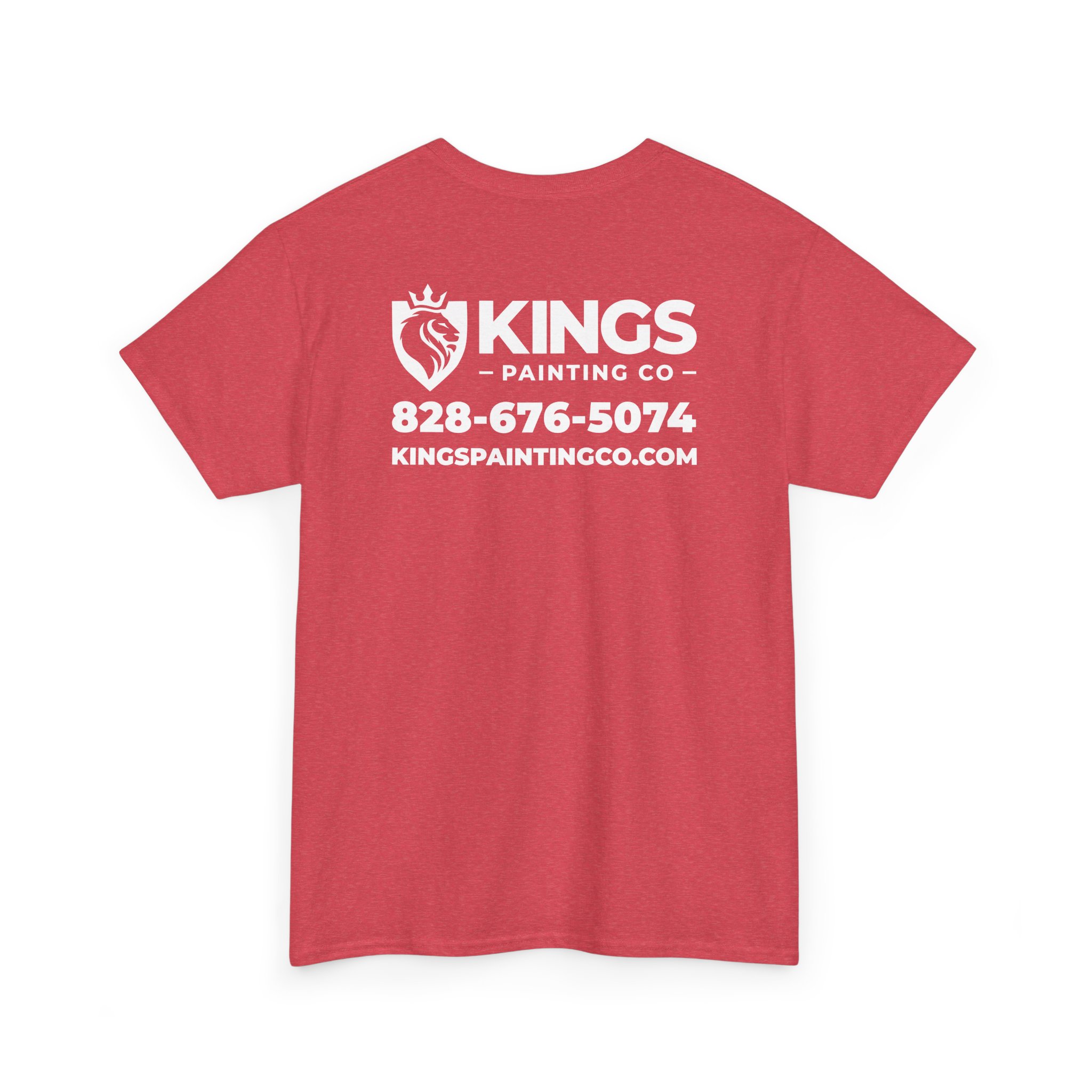 A Kings Painting Co. Logo T‑Shirt (Heather) | Gildan Ultra Cotton (G5000) in red, featuring KINGS PAINTING CO, a lion logo, the phone number 828-676-5074, and the website kingpaintingco.com printed in white text on the back.
