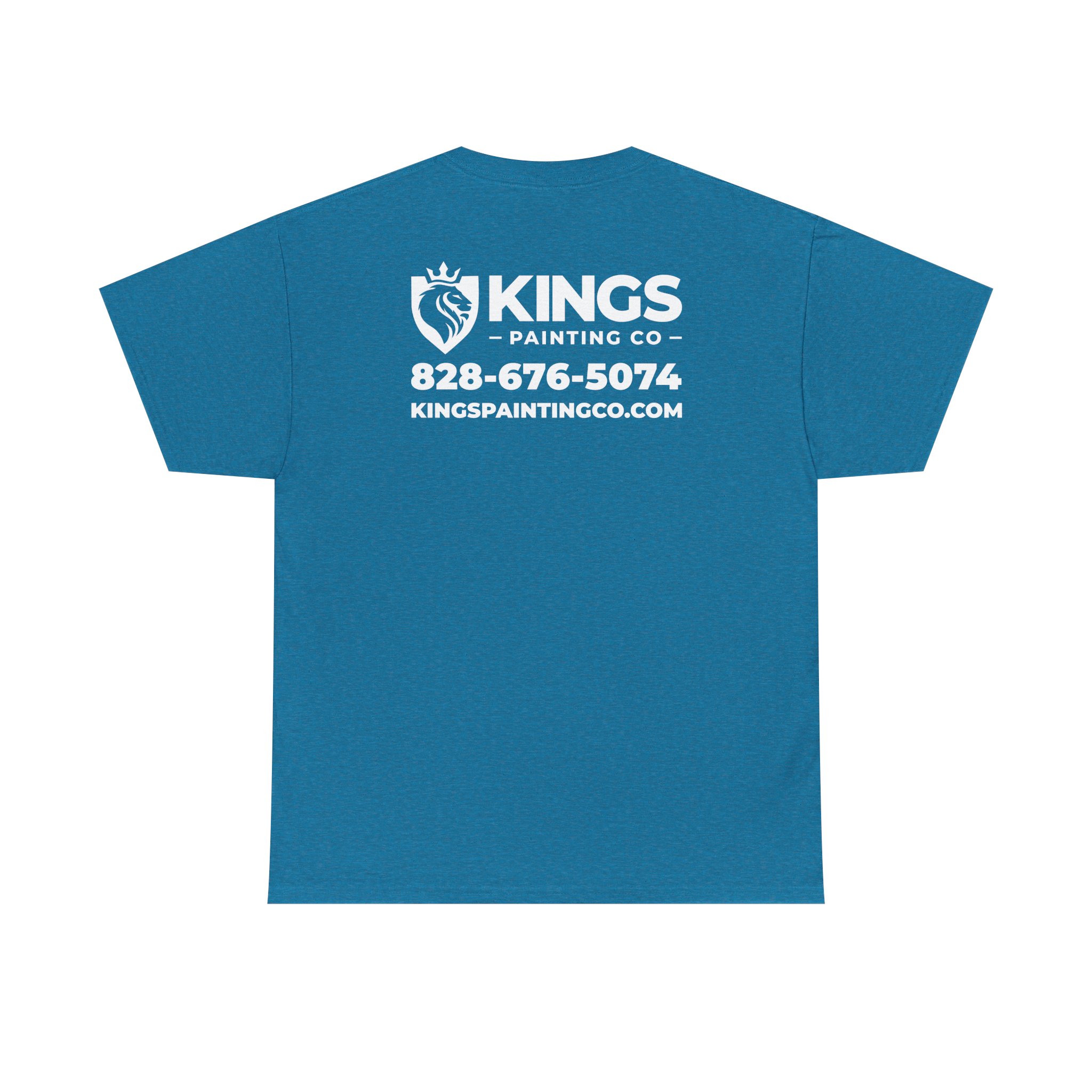 Heather blue Gildan Ultra Cotton (G5000) "Kings Painting Co. Logo T‑Shirt" featuring the KINGS PAINTING CO logo, phone number 828-676-5074, and website kingspaintingco.com printed in white on the upper back.
