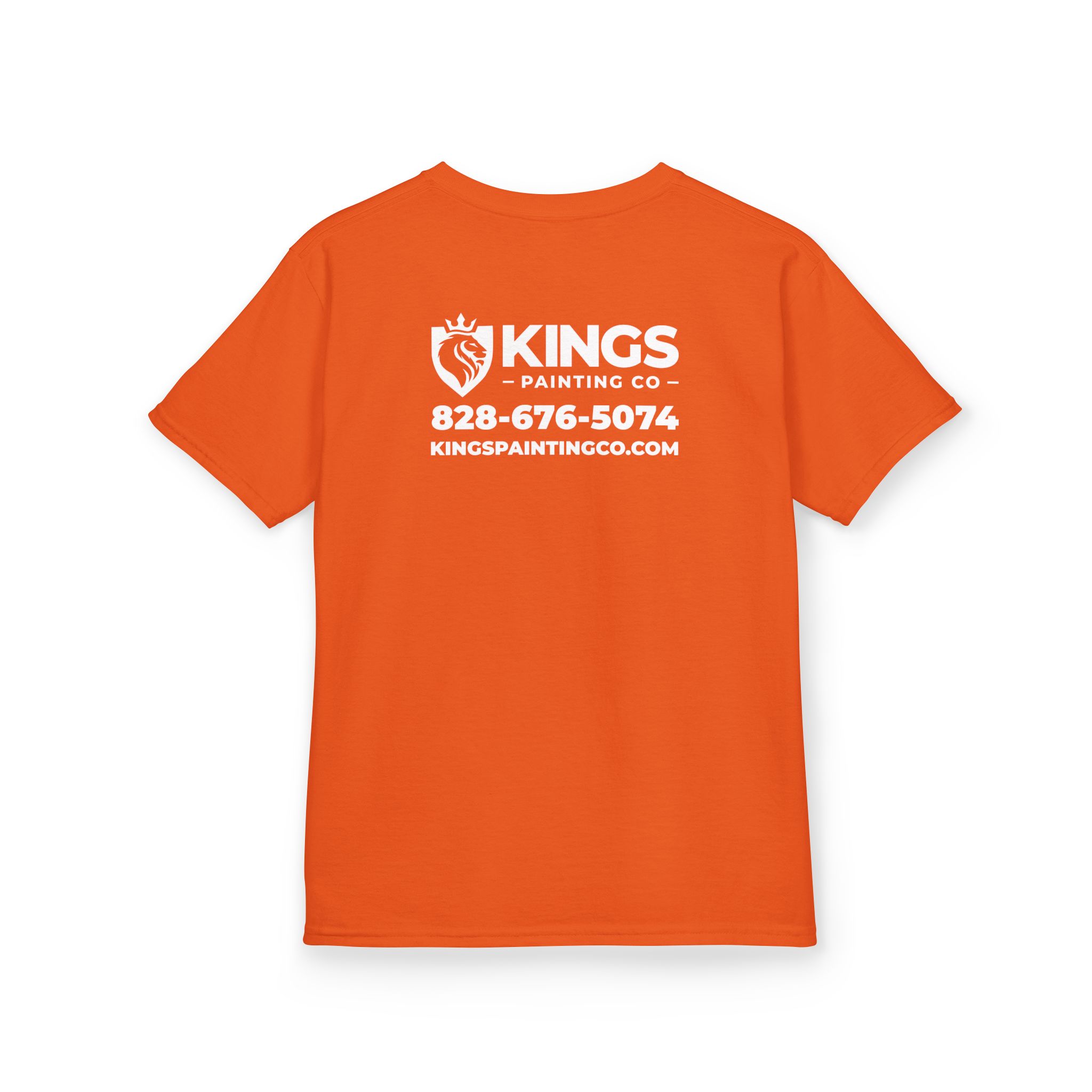 Kings Painting Co. Kids T-Shirt (White Graphics) | Gildan® – an orange t-shirt featuring white graphics on the back, including the Kings Painting Co. name, phone number, website, and a crown with paintbrush logo above the text.