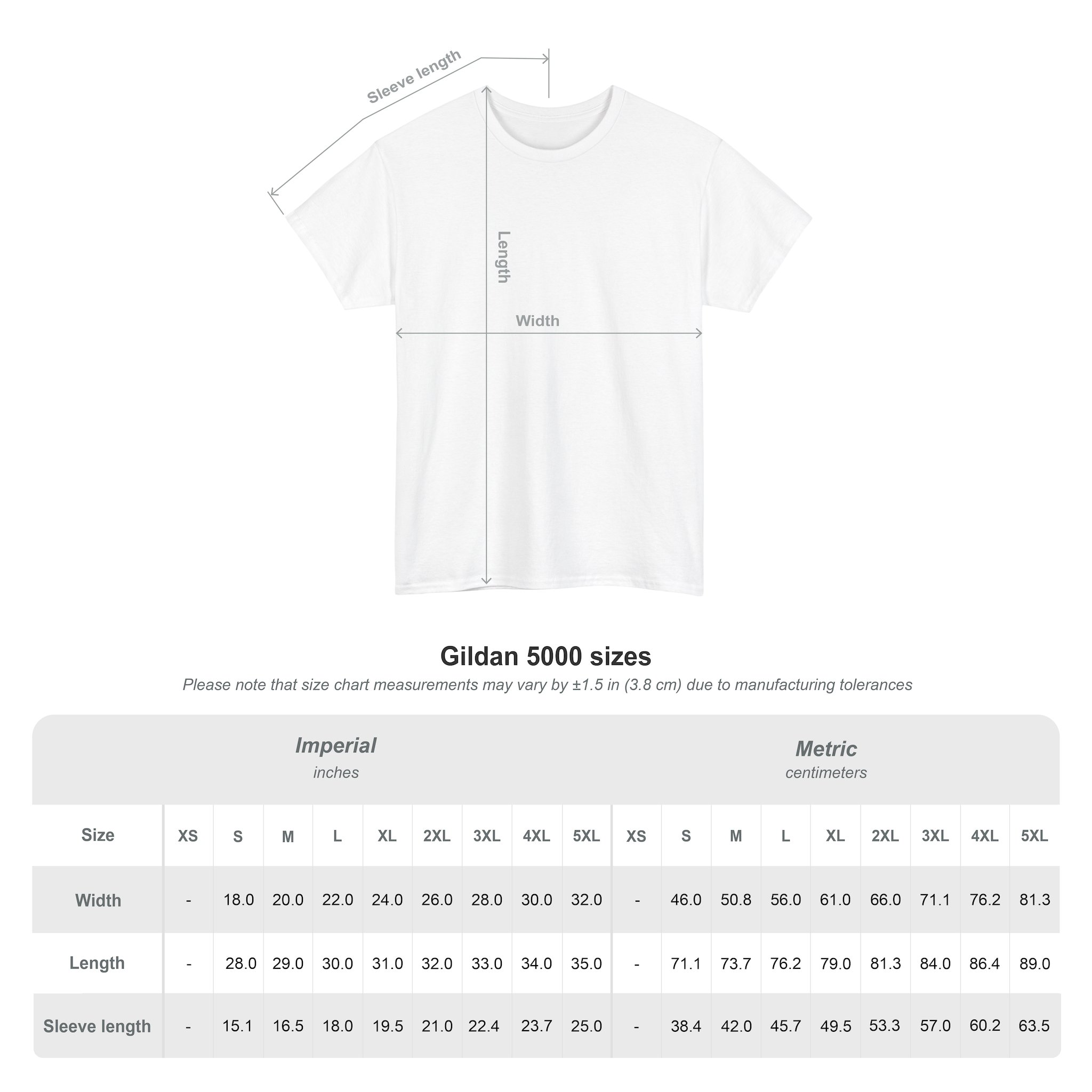 Diagram of a white Kings Painting Co. Logo T‑Shirt (Pocket Logo & Back Graphic) | Gildan Ultra Cotton (G5000) with labeled length, width, and sleeve length. Below is a size chart for Gildan Ultra Cotton (G5000) shirts, listing dimensions in inches and centimeters from size XS to 5XL.