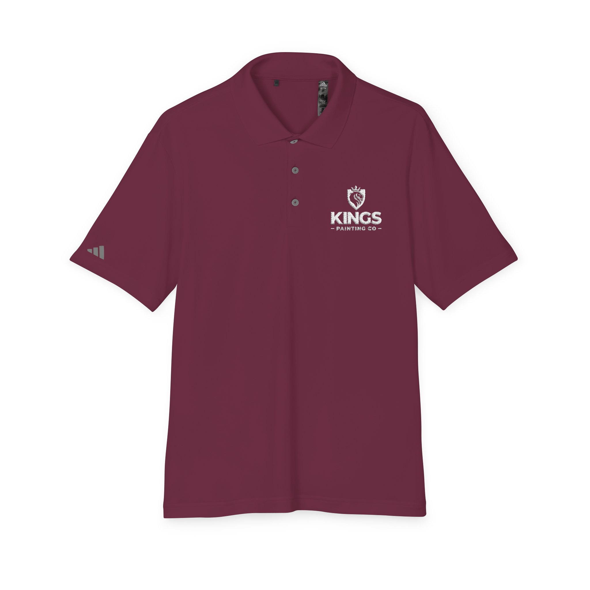 A maroon Kings Painting Co. Performance Polo by Under Armour® featuring a white company logo on the left chest, a small graphic on the right sleeve, and designed with a classic collar and three-button placket.