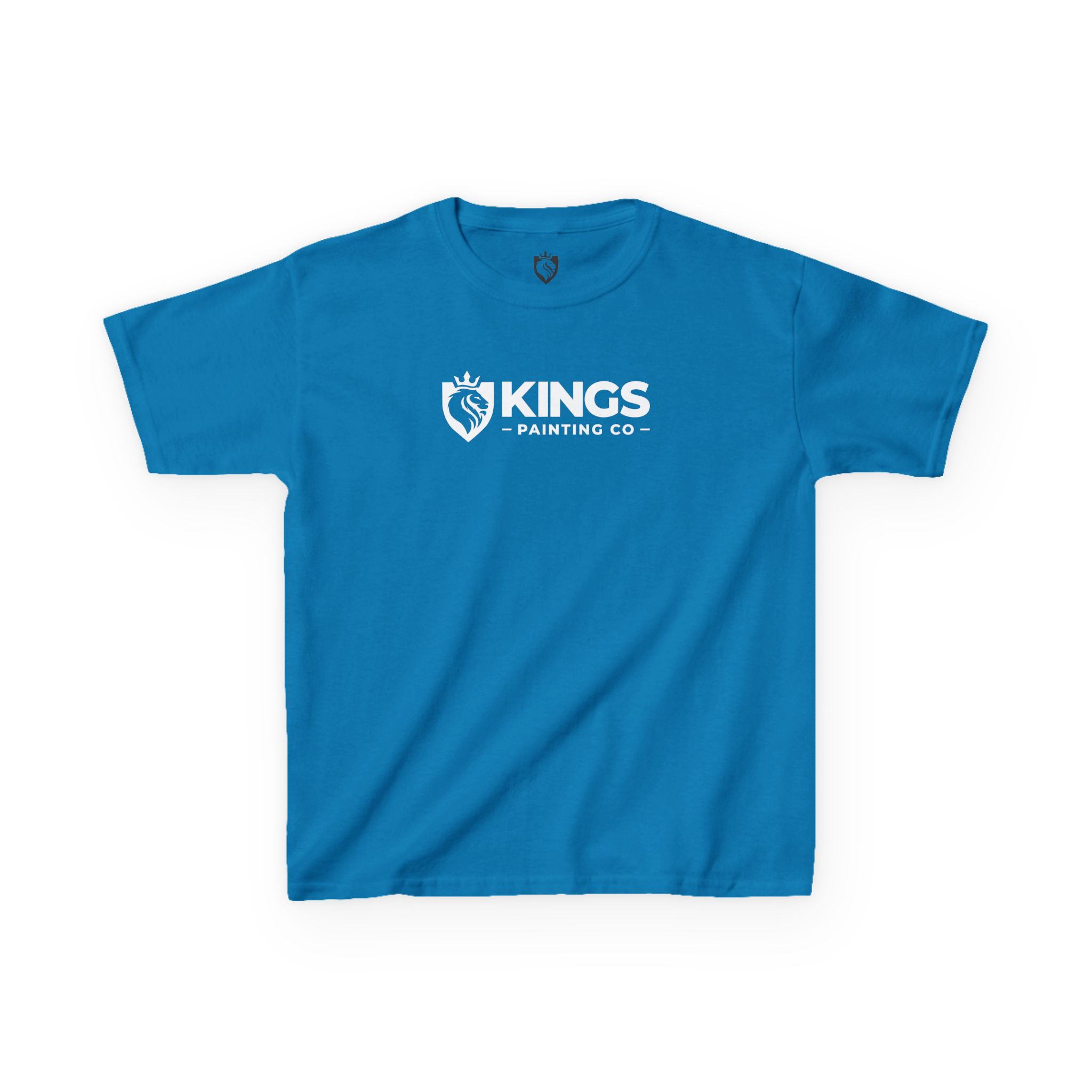 Kings Painting Co. Kids T-Shirt (White Graphics) by Gildan®, featuring a blue fabric with a white Kings Painting Co. logo and crowned paintbrush graphic on the chest, displayed against a plain white background.