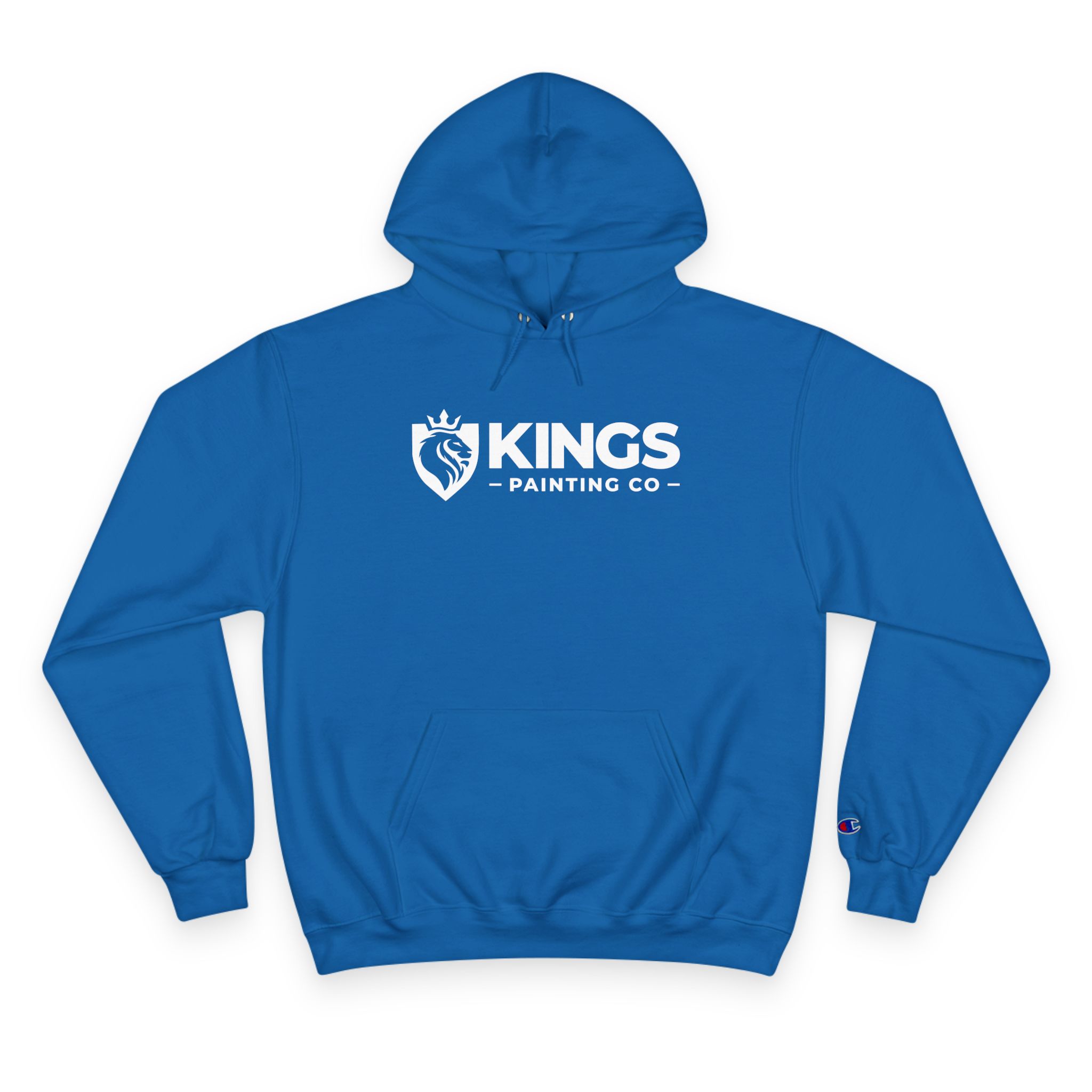 Kings Painting Co. Logo Hoodie by Champion®—a blue hooded sweatshirt featuring a front pocket, a white lion logo with a crown, and "KINGS PAINTING CO" printed on the chest.