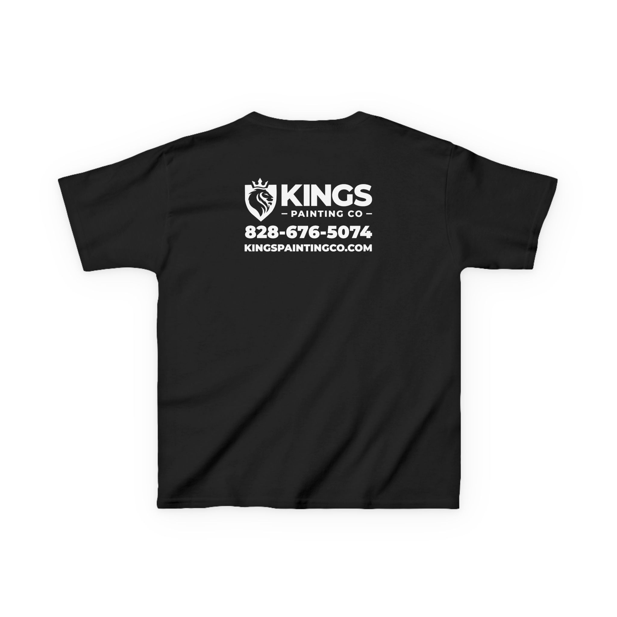 Kings Painting Co. Kids T-Shirt (White Graphics) | Gildan®—a black t-shirt featuring the “KINGS PAINTING CO” logo, phone number 828-676-5074, and website kingspaintingco.com printed in white on the back.