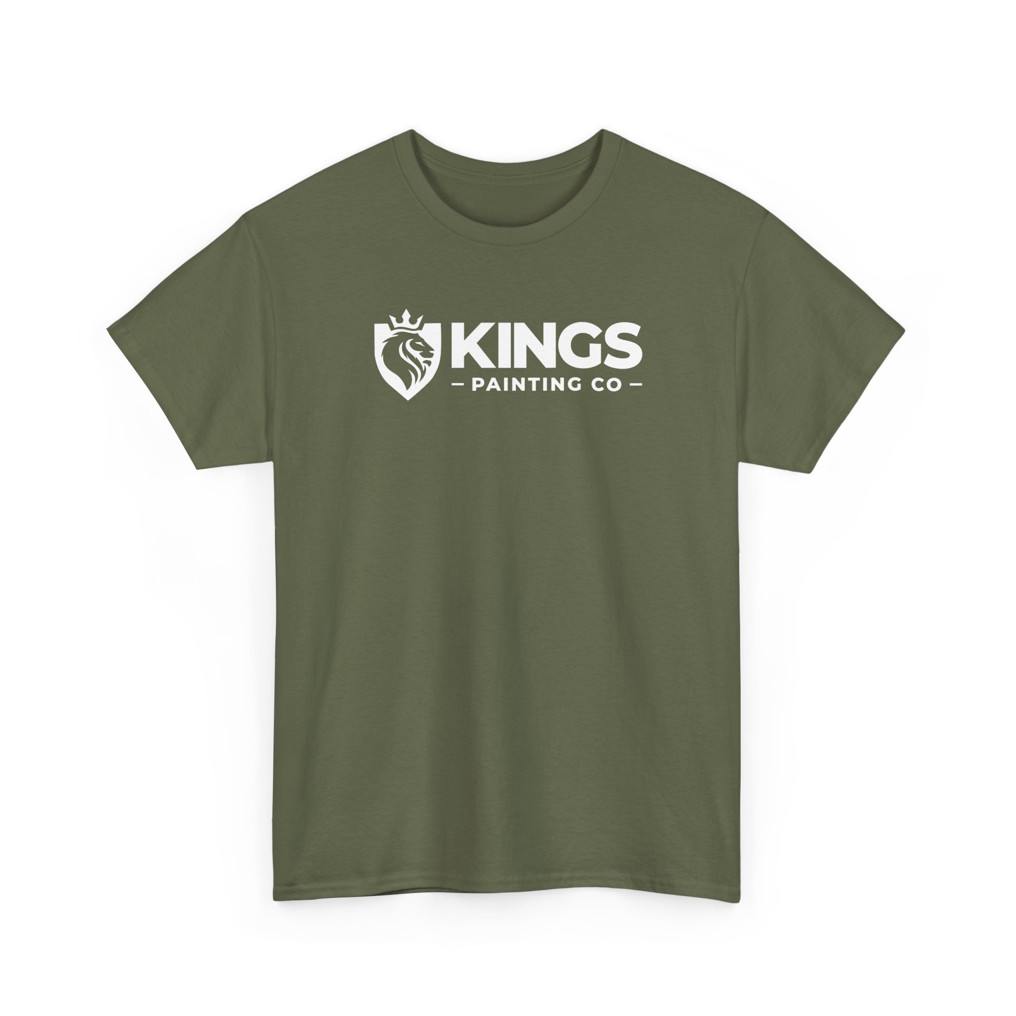Kings Painting Co. Logo T‑Shirt (Classic) | Gildan Ultra Cotton (G5000): Olive green t-shirt featuring white “KINGS PAINTING CO” text and a shield above the text with a crowned lion head logo.