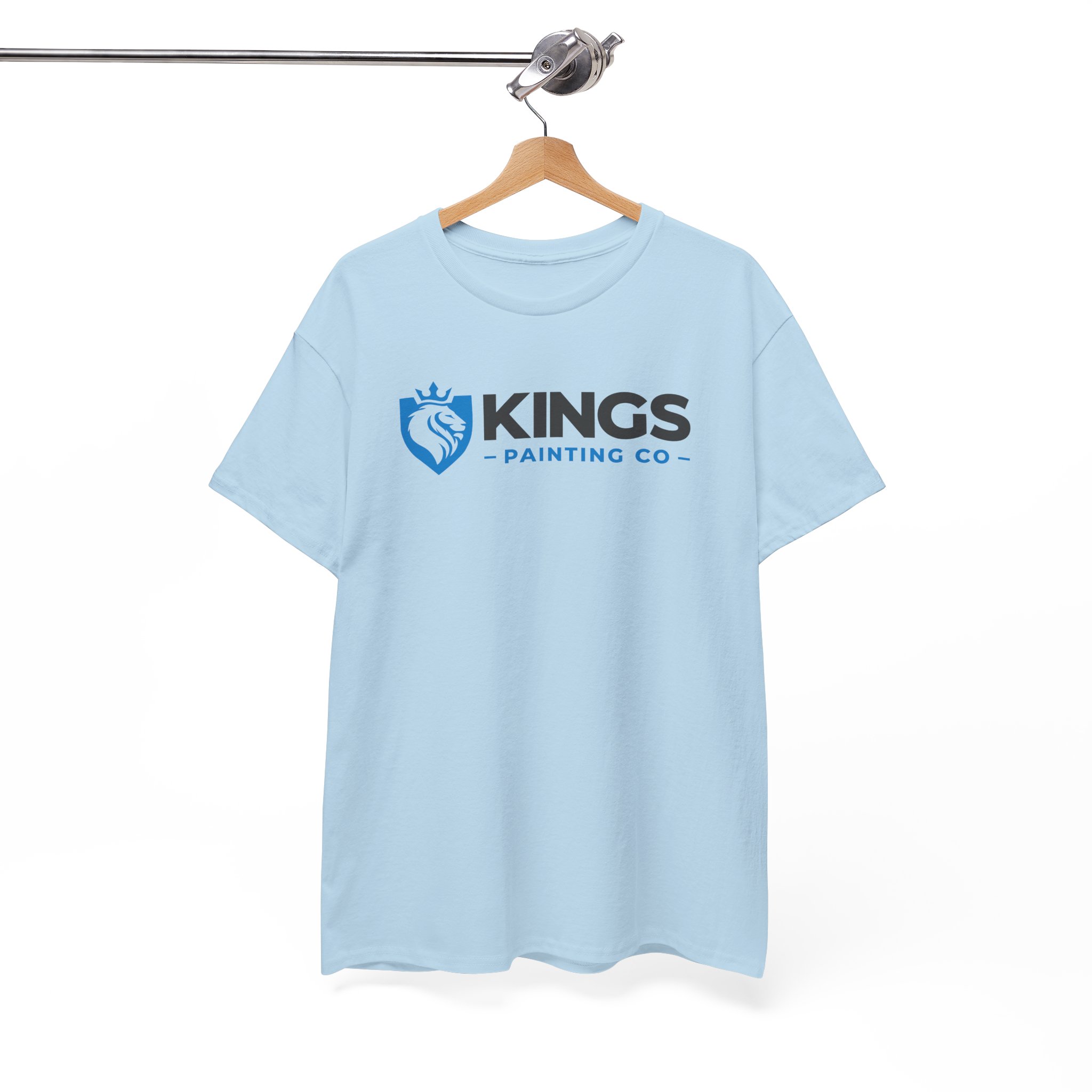 The Kings Painting Co. Logo T‑Shirt | Gildan Ultra Cotton (G2000) in light blue is displayed on a wooden hanger, showcasing a blue lion crest and “KINGS Painting Co” text printed on the front against a white background.